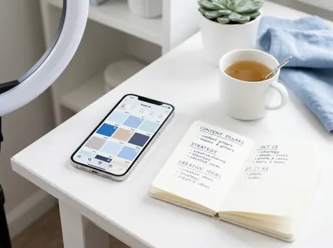 Smartphone showing a social media content calendar beside a notebook of content pillars
